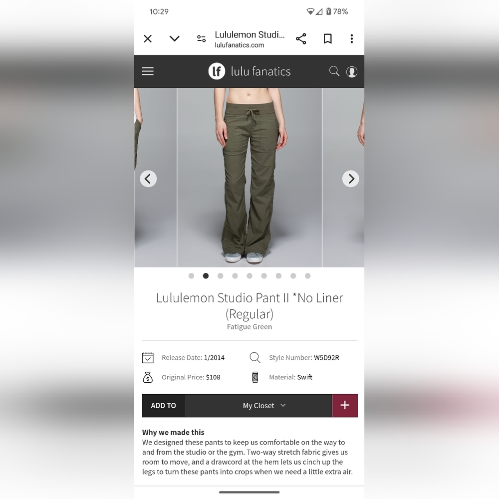 Lululemon dance studio pants Fatigue green